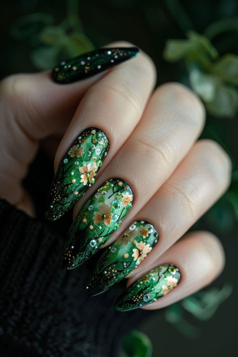 Enchanted Forest Enigma: Woodland Fantasy Saint Patrick’s Day Nail Art Fantasy Nail Art Designs, Forest Nail Art, Enchanted Forest Nails, Elf Nails, Fantasy Nail Art, Forest Nails, Forest Green Nails, Green Nails Designs, Foil Nail Designs