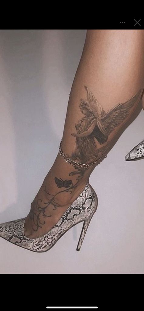 Women Side Tattoos Ribs Large, Tattoo Ideas To Fill In Gaps, High Leg Tattoo, Ethereal Tattoos Leg, Women Foot Tattoos Ideas, Religous Tattoo Leg, Women Half Leg Sleeve Tattoo, Foot Tats For Women, Professional Tattoos Women