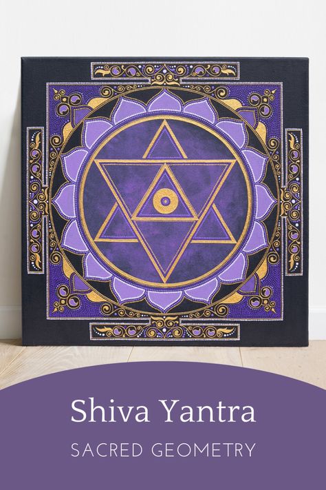 Each line and dot of this Shiva Yantra painting is delicately hand-drawn, blending purple tones with elegant gold accents. The Yantra includes multiple interlocking triangles that symbolize various aspects of Shiva’s power, such as the three fundamental qualities of existence – creation, preservation, and destruction. Shiva Yantra Art, Shree Yantra Painting, Yantra Symbols, Purple And Gold Wall, Yantra Painting, Shiva Mandala, Yantra Art, Geometry Painting, Shiva Mantra