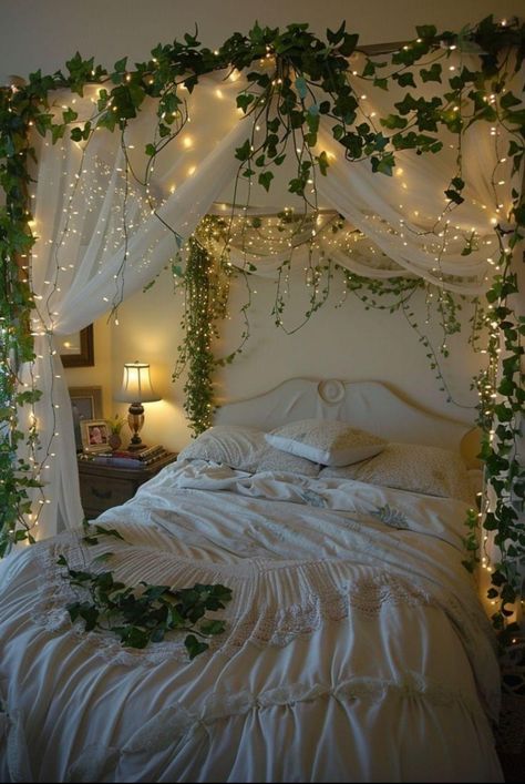 Wood Bed Canopy, Plants On Canopy Bed, Hammock In Room Aesthetic, Greenery Ceiling Bedroom, Canopy Bed With Ivy And Lights, Plant Bed Canopy, Witchy Canopy Bed, Cottagecore Canopy Bed, Bedsheets Photography