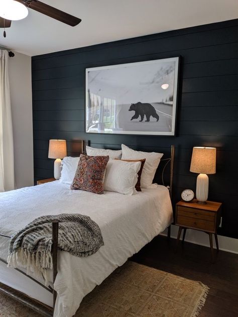 Shiplap Wall Ideas, Black Walls Bedroom, Farmhouse Shiplap, Dark Accent Walls, Farmhouse Bedroom Ideas, Farmhouse Bedroom Decor Ideas, Black Accent Walls, Shiplap Wall, Moody Bedroom