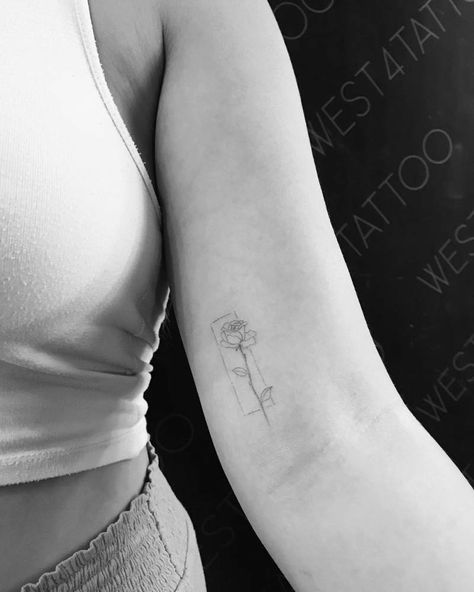 Single needle rose tattoo on the left inner arm. Tattoo Inside Arm Above Elbow, Small Tattoos On Arms For Women, Inner Arm Small Tattoos For Women, Inside Of Upper Arm Tattoo Women, Rose Inner Bicep Tattoo, Dainty Inner Arm Tattoo, Rose Tattoo Inner Bicep, Feminine Inner Arm Tattoo, Rose Tattoo Inside Arm