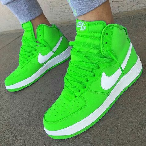 Lime Green & White Nike's Lime Green Air Force 1, Lime Green Nike Shoes, Lime Green Sneakers, Neon Nike Shoes, Green Nike Shoes, Lime Green Shoes, Nike Shoes Women Fashion, Green Trainers, Dr Shoes