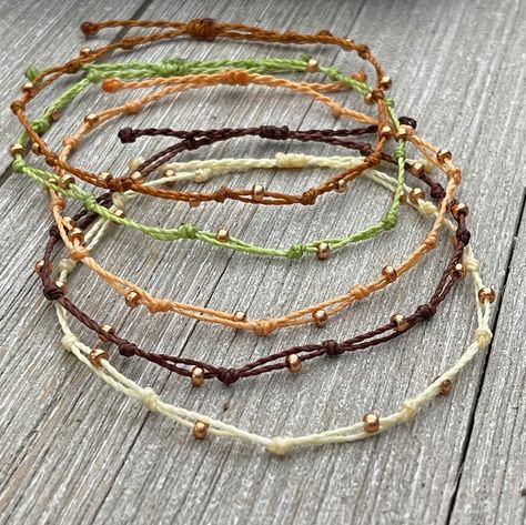 Rose Gold Beaded Waterproof Bracelet or Anklet, Waterproof Waxed String Bracelets, Stacking Bracelets, Friendship Bracelets - Etsy Bead Thread Bracelet, Wax Thread Bracelets Diy, Bead String Bracelet, Nylon Bracelet Ideas, Wax Bracelet Ideas, Bracelet String Ideas, Simple Bracelet Ideas, How To Make Bracelets With Beads, String Bead Bracelet