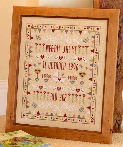 Bunting Cradle Sampler Birth Cross Stitch, Birth Sampler, Sampler Cross Stitch, Birth Records, Tapestry Kits, Bleu Pastel, Baby Cross, Cross Stitch Baby, Cross Stitch Samplers