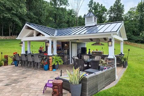 Project Gallery | Chester & Lancaster County PA | Keystone Custom Decks Pool House With Covered Porch, Pool Cabana With Kitchen, Farmhouse With Pool Backyards, L Shape Pool House, Carport Pool House, Pool House With Grill Area, Craftsman Style Pool House, Pool Structure Ideas, Corner Pool House