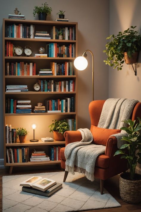 21 Cozy Reading Nook Ideas – The Dear Lab Reading Section In Living Room, Bookshelf Behind Chair, Chairs For Reading Corner, Reading Chair With Lamp, Reading Nook In Small Living Room, Midcentury Reading Nook, Reading Corner With Fireplace, Reading Nook Two Chairs, Family Reading Room