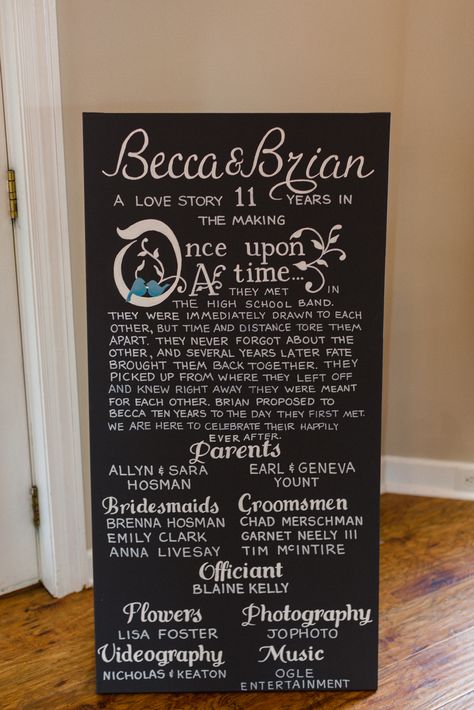 Once Upon A Time. Tell your love story. A beautiful sign makes more of a statement than paper programs.  Wedding program Wedding sign Programs Wedding, Program Wedding, Story Wedding, Love Story Wedding, Wedding Program, Wedding Idea, Wedding Shots, Fairytale Wedding, Wedding Sign