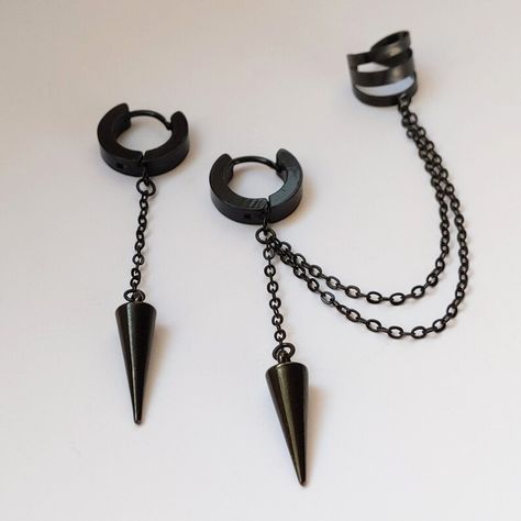 black spike earrings with cuff Aliyah Core, Core Outfits, Punk Looks, Christmas Clothes, Goth Jewelry, Spike Earrings, Ear Cuff Earings, The Chain, Black Jewelry