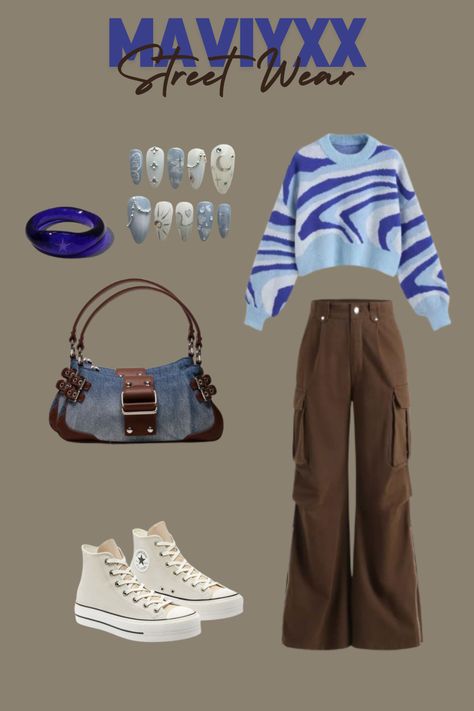 baby blue sweater, dark blue ring, denim bag, blue white nails, brown pants Baby Blue And Brown Outfit, Blue Brown Outfit, Blue And Brown Outfit, Blue White Nails, Dark Blue Ring, Dark Jeans Outfit, Dark Brown Pants, Blue And White Nails, Baby Blue Sweater