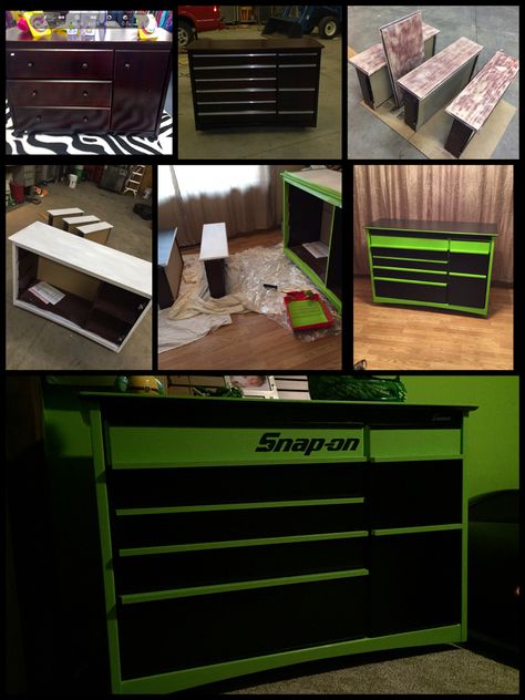 DIY Tool box dresser, perfect for a boys room Mechanic Bedroom Ideas, Mechanic Bedroom, Garage Theme Bedroom, Tool Box Dresser, Motocross Bedroom, Tool Box Diy, Bike Room, Cars Room, Box Bedroom