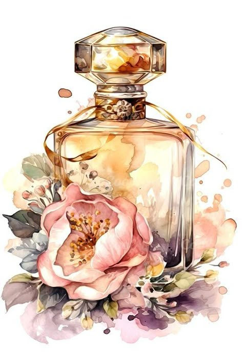 Perfume Art Painting, Pretty Scrapbook, Perfume Art, Perfume Bottle Art, Watercolor Flower Art, A5 Planner, Bottle Art, Whimsical Art, Perfume Bottle