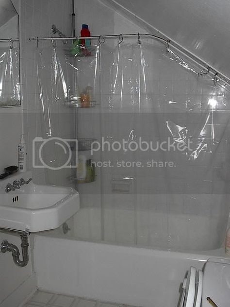 How to hang a shower curtain with a slanted ceiling - OHW Sloped Ceiling Bathroom, Attic Shower, Attic Bathroom Ideas, Attic Renovation Ideas, Slanted Ceiling, Attic Room, Attic Bathroom, Attic Design, Attic Storage