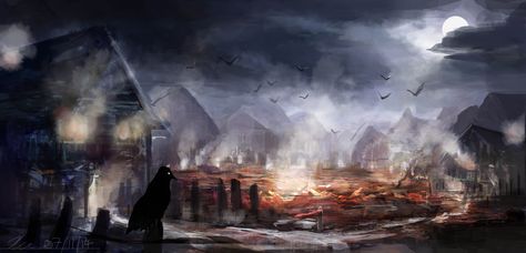 Destroyed Village Fantasy Art, Burning Village, Ruined Village, Village Drawing, Burning City, Building Painting, Elder Scrolls Online, Marvel Posters, Night Art