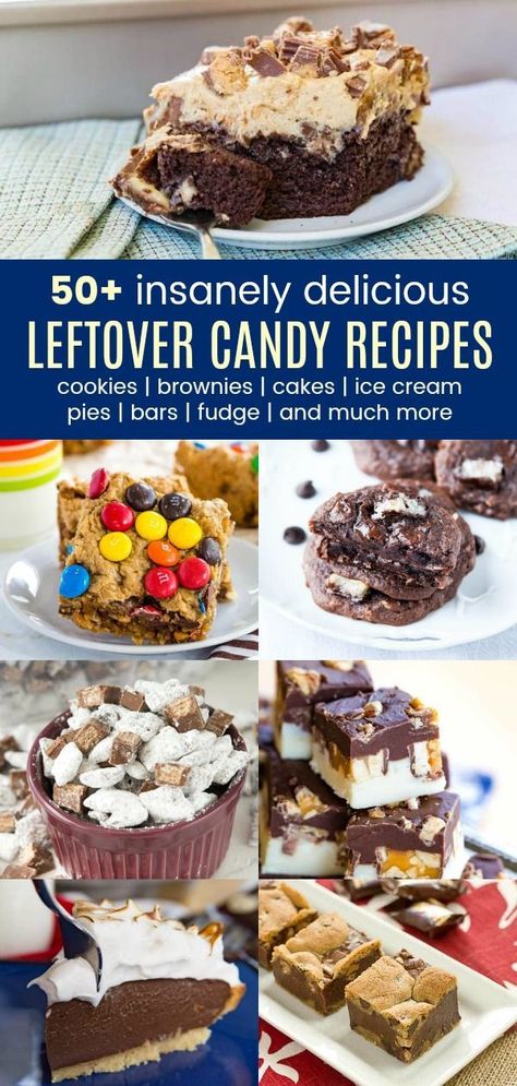 50 Leftover Candy Recipes - the best desserts to make with leftover chocolate bars and candy from Halloween, Easter, Valentine's Day, or any time you have extra. How To Use Leftover Chocolate Bars, Recipes With Halloween Candy, Leftover Easter Candy Recipes, Leftover Chocolate Recipes, Best Desserts To Make, Leftover Candy Recipes, Leftover Halloween Candy Recipes, Easter Candy Recipes, Good Desserts To Make