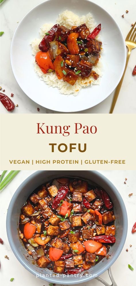 This Kung Pao Tofu is sweet yet spicy. Made with colorful veggies and hearty tofu tossed in a homemade sauce. Kung Pao Recipe, Kung Pao Tofu, Colorful Veggies, Sesame Tofu, Tofu Vegan, Dried Chili Peppers, Stir Fry Ingredients, Refined Sugar Free Recipes, Vegan Lasagna