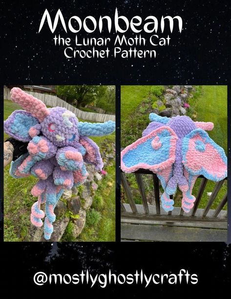 This is the downloadable CROCHET PATTERN ONLY, NOT THE PHYSICAL ITEM. Thank you so much for your interest in my crochet pattern! This is Moonbeam the Lunar Moth Cat, it is a crochet pattern written by me, MostlyGhostlyCrafts. If you have any issues with my pattern feel free to contact me! Lunar Moth Crochet Pattern Free, Cat Plushie Crochet Pattern Free, Lunar Moth Crochet Pattern, Mythical Creature Crochet, Mythical Crochet Pattern, Space Themed Crochet Patterns, Fur Crochet Patterns, Cryptic Crochet, Crochet Werewolf Free Pattern