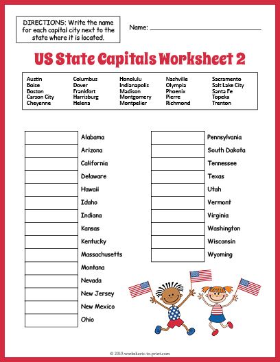 Free US State Capitals Worksheet 2 Us States And Capitals Free Printable, State Capitals Worksheet Free Printable, States And Capitals Printables Free, 6th Grade Worksheets Free Printable, State Capitals Quiz, School Sheets, Learning States, Us Geography, Homeschooling Curriculum