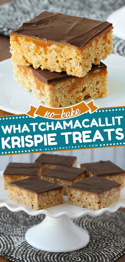 Whatchamacallit Krispie Treats, no bake desserts, summer recipes Watchamacallit Rice Krispie Treats, Peanut Butter Caramel Rice Krispie Treats, Rolo Rice Krispie Treats, Caramel Rice Krispie Bars, Rice Crispy Treats Variations, Candy Bar Rice Krispie Treats, Rice Krispie Treats With Caramel, Caramel Chocolate Rice Krispie Treats, Different Flavor Rice Crispy Treats