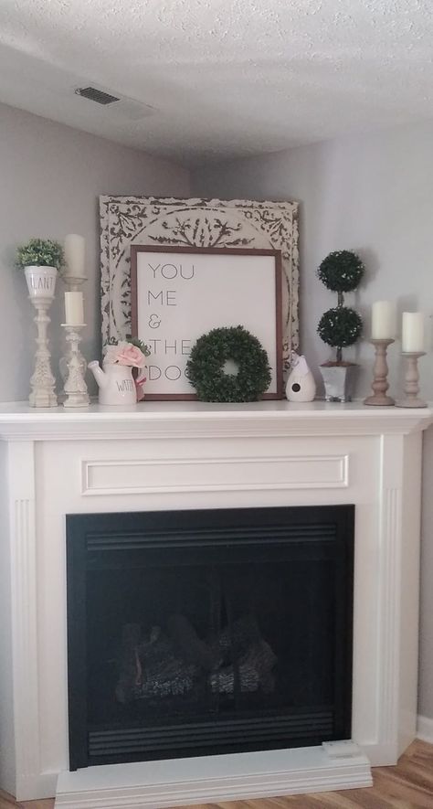 Styling Corner Fireplace Mantel, Fireplace Corner Decor, Over Corner Fireplace Decor Ideas, Corner Mantel Decor, How To Style A Corner Fireplace, Above Corner Fireplace Decor, Decorating Corner Fireplace Mantel, Corner Fireplace Mantel Decor, Deep Corner Fireplace Mantle Decor