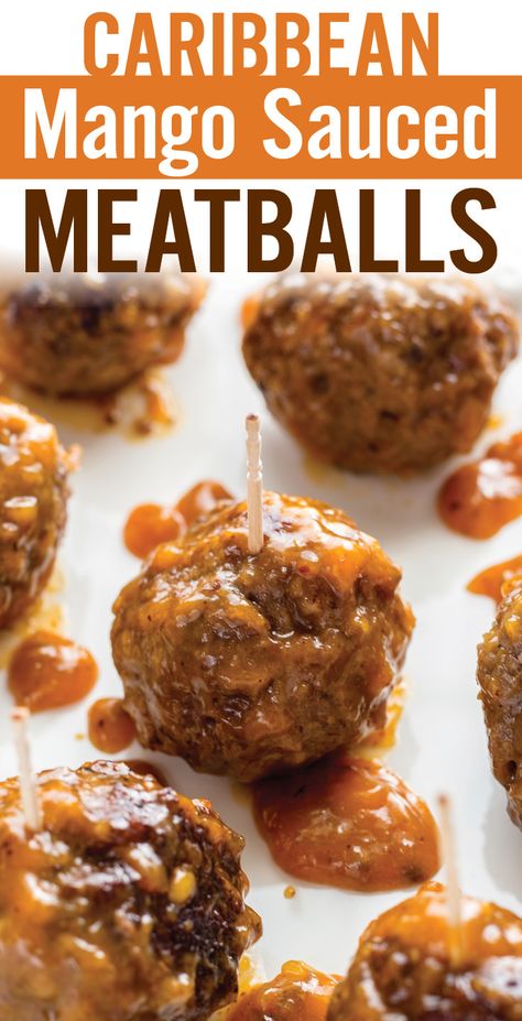 These easy Caribbean Mango Sauced Meatballs have a fruity, sweet and spicy flavor. Moist, tender meatballs coated in a thick, gooey sauce make a quick and unique appetizer - www.platingpixels.com Unique Appetizers, Tender Meatballs, Carribean Food, Jamaican Dishes, Mango Sauce, Fast Recipes, Island Food, Fluffy Pancakes, Jamaican Recipes