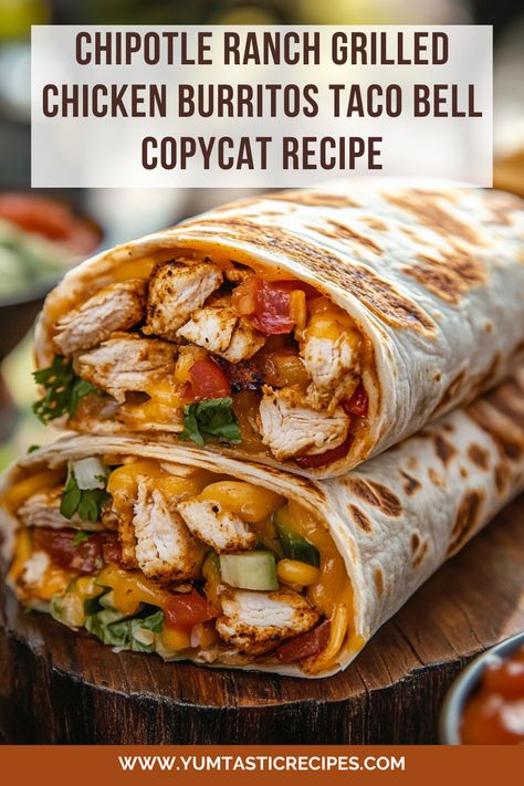 Bring the flavors of Taco Bell to your kitchen with this DIY Chipotle Ranch Grilled Chicken Burrito. Loaded with seasoned grilled chicken, fresh veggies, melty cheese, and zesty chipotle ranch dressing, all wrapped in a toasted tortilla, it's the perfect meal for any time of day. Easy to make and utterly satisfying—give it a try!

#HomemadeBurrito #TacoBellCopycat #ChipotleRanchChicken #FamilyDinner #QuickRecipes Tortilla Chicken Recipe, Taco Bell Chicken Burrito Recipe, Chicken Cheese Burrito, Loaded Burrito Recipe, Taco Bell Chipotle Ranch Chicken Burrito, Bbq Chicken Burrito, Easy Chicken Burrito Recipe, Keto Chicken Burritos, Burrito Chicken Recipe