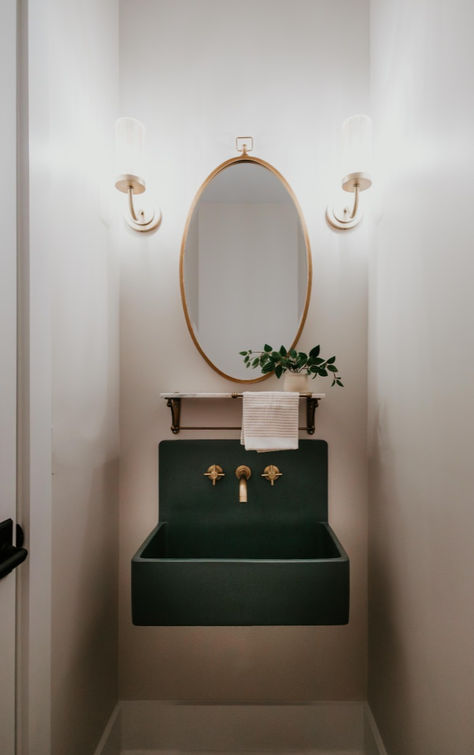 Featuring our San Francisco bucket sink wall-mounted in the shade Kale. This vintage inspired design with a modern twist is the perfect addition to any small powder room design, primary bathroom design, or laundry room/mud room design. Available in 17 different colors. Carefully handcrafted concrete in Nevada, USA. Mini San Francisco Sink, Traditional Modern Powder Room, Wall Mounted Sink Bathroom, Powder Room Vanity Ideas, Small Powder Room Design, Primary Bathroom Design, Boston Brownstone, Tiny Half Bath, Black Powder Room