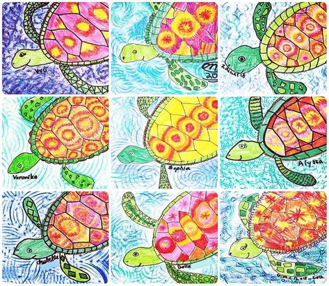 turtle art lesson - Google Search Square 1 Art, Summer Art Projects, Animal Art Projects, 2nd Grade Art, Sea Turtle Art, 4th Grade Art, 5th Grade Art, 3rd Grade Art, Art Premier