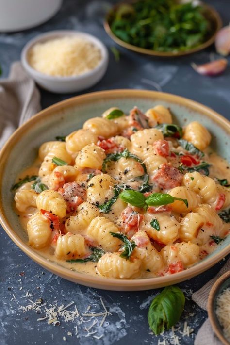 Creamy Chorizo Gnocchi | Chorizo Gnocchi, Sausage Spinach Pasta, Chorizo Recipes, Cheese Casserole, Gnocchi Recipes, Comfort Dishes, Savory Sauce, Sausage Pasta, Cooking Instructions