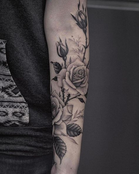 Vine Arm Sleeve, Rose Half Sleeve, Rose Vine Tattoos, Flower Vine Tattoos, Tattoos Forearm, Arm Sleeve Tattoo, Vine Tattoo, Rose Tattoos For Men, Rose Tattoos For Women