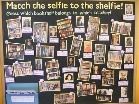 The teachers at Hurst Library got personal in this fun matching game. Students were encouraged to guess which bookshelf shelfie belonged to which teacher for a chance to win Amazon gift cards. Match Display, Teacher Desks, Classroom Libraries, Reading Display, School Library Displays, Library Bulletin Board, Library Week, Middle School Libraries, Reading Month