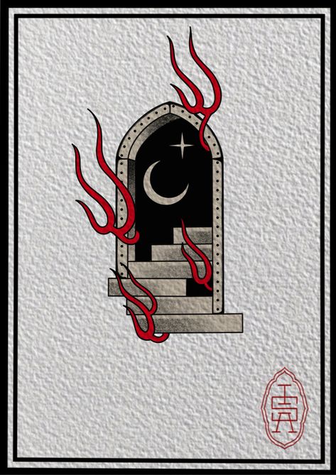 Door Tattoo Traditional, Castle On Fire Tattoo, Portal Door Tattoo, Burning Church Traditional Tattoo, Yu Gi Oh Tattoo Ideas, Doorway Tattoo, Portal Tattoo, Mirror Engraving, Door Tattoo