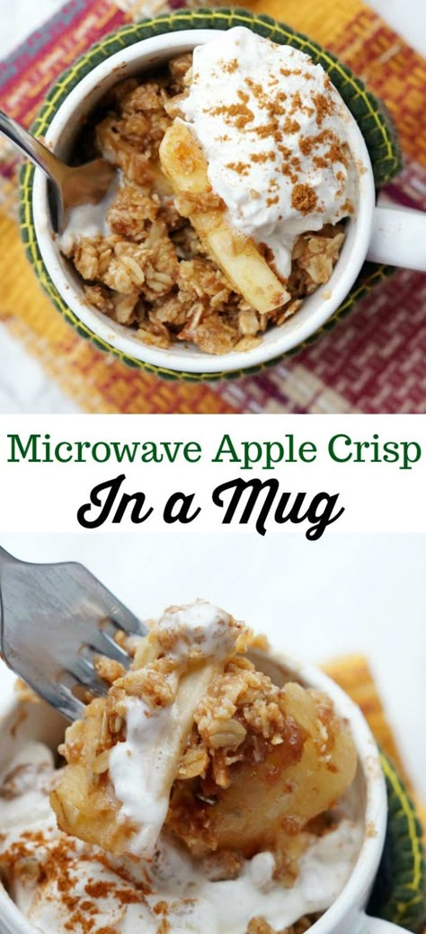 Microwave Apple Crisp in a Mug Easy Flourless Desserts, Apple Crumble In A Mug, Microwave Dinner Ideas, Quick Dessert Recipes For One, Easy One Person Desserts, In A Cup Recipes, Mug Food Recipes, Cobbler In A Mug, Apple Crisp In A Mug