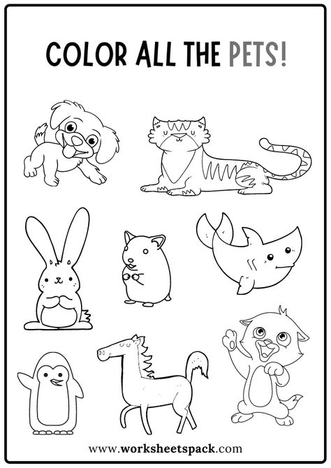 Color All the Pets Worksheet, Free Pet Animals Coloring Book PDF - Printable and Online Worksheets Pack Pet Themed Preschool Worksheets, Kinds Of Animals Worksheets, Pet Animals Activities, Pet Coloring Pages Free Printables, Pet Worksheets Preschool Free Printable, All About Pets Preschool Activities, Coloring Book Animals, Pets Preschool Theme Free Printables, Pet Animals Activity For Preschool