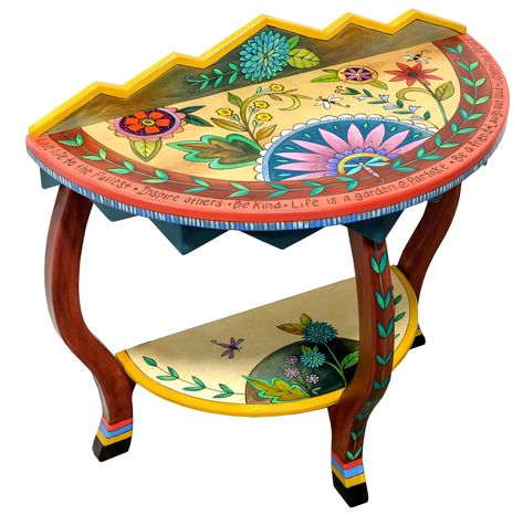 Half Round Table – Beautiful and vibrant contemporary floral half round table main view Half Round Table, Whimsical Painted Furniture, Sticks Furniture, Whimsical Furniture, Hippie Homes, Round Accent Table, Happy Hippie, Des Moines Iowa, Painted Chairs