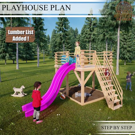 Playhouse Build, Kids Playhouse Plans, Play Structures For Kids, Playhouse Plan, Playhouse With Slide, Diy Slides, Playhouse Plans, How To Build Steps, Modern Lake House