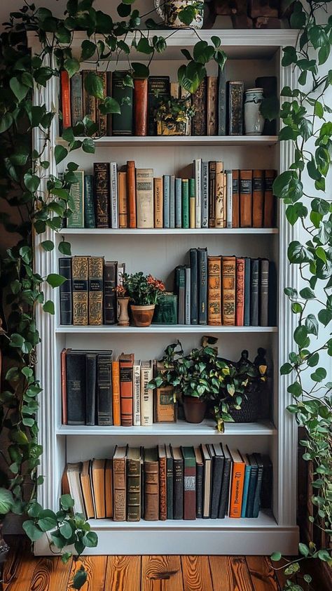 Plant On Bookshelf, Plants On Top Of Bookcase, Green Bookshelf Aesthetic, Hypnotherapy Room, Library Room Aesthetic, Black Bookshelf Decor, Emerald Aesthetic, Diamond Bedroom, Whimsical Office