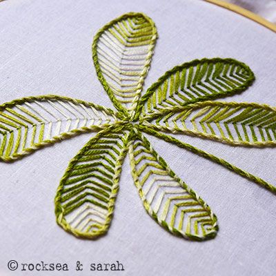 How to stitch leaves using the Closed Fly Stitch - Sarah's Hand Embroidery Tutorials Embroidery Designs Stiches, Stem Stitch Embroidery Design Patterns, Stem Stitch Motif, Fly Stitch Embroidery Motifs, Sheaf Stitch Embroidery Design, Fly Stitch Aari Design, Fly Stitch Design, Stem Stitch Embroidery Motifs, Chain Stitch Embroidery Design Ideas