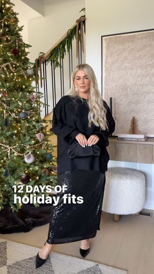 12 days of holiday outfit ideas 🖤 This one works for NYE too! Sometimes sequin things are a hit or miss because they have no stretch but this skirt fits like a freaking dream. Isn’t itchy & doesn’t pull across my hips — makes me feel super confident. 💃🏼 Also, my bad for all the black outfits at the beginning of this series. I feel like black, textured pieces (sequin,lace,etc) are just having a moment right now! There’s so many ways to style this skirt but I really love the oversized sweater + maxi skirt combo. It’s not for everyone but I think it’s so chic✨ Comment ‘link’ and I’ll dm you my sizes & where to shop. You can all always find links on my Amazon storefront and ltk shop. LOVE YA’LL!! #midsize #midsizestyle #holidayoutfit #holidayoutfitideas #nyeoutfits #sequindress #holidaypa Sequin Skirt And Sweater Outfit, Sweater Maxi Skirt, Holiday Outfit Ideas, Maxi Sequin Skirt, Hit Or Miss, Midsize Style, Nye Outfits, My Bad, Black Outfits