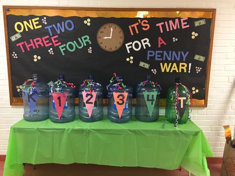 Penny war bulletin board Pbis Fundraising Ideas, March Student Council Ideas, Elementary School Competitions, Pto Membership Ideas, Fun School Fundraising Ideas, Ptfa Ideas Fundraising Schools, School Booster Club Ideas, Pta Fundraising Ideas School Fundraisers, Pta Ideas Events