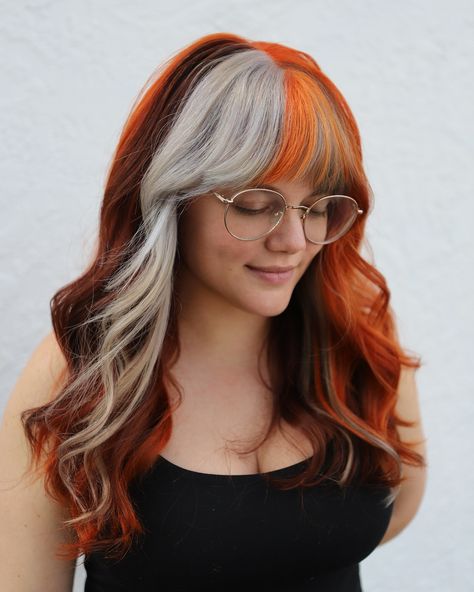 Calico Color block for this babe! ✨ Achieve using @dangerjonescreative ✨ #dangerjones #dangerjonescreative #calicohair #colorblockhair #althair #orlandohair #hairdesign #orlandohairstylist #fallhaircolor Fox Dyed Hair, Calico Hair Color, Calico Hair, Color Block Hair, Inspiring Hairstyles, Vivid Hair, Red Hair Color, Fall Hair Color, Dream Hair