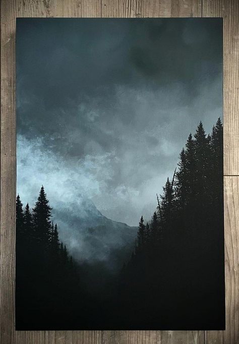 Dark Surrealism Painting, Dark Aethstetic Painting, Painting Ideas Dark Art, Dark Forest Oil Painting, Simple Dark Paintings, Dark Colored Paintings, Dark Forest Landscape Painting, Dark Forest Painting Easy, Dark Woods Painting