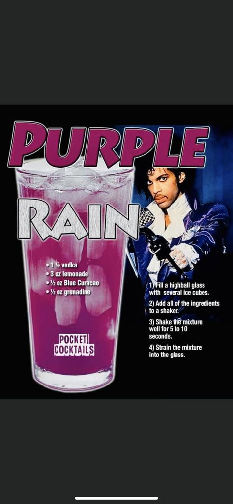 80s Alcoholic Drinks, Funny Drinks Alcohol Recipes, 80s Drinks Cocktails, Purple Rain Drink, Wine Cellar Under Stairs, Pocket Cocktails, Cocktail Drinks Alcoholic, Party Drinks Alcohol, Mixed Drinks Alcohol