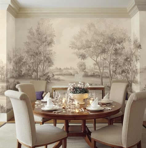 Susan Harter, Dining Room Mural, Dining Room Murals, Compact Kitchens, Transitional Dining Room, Scenic Wallpaper, Dining Room Wallpaper, Antique Modern, Transitional Living Rooms