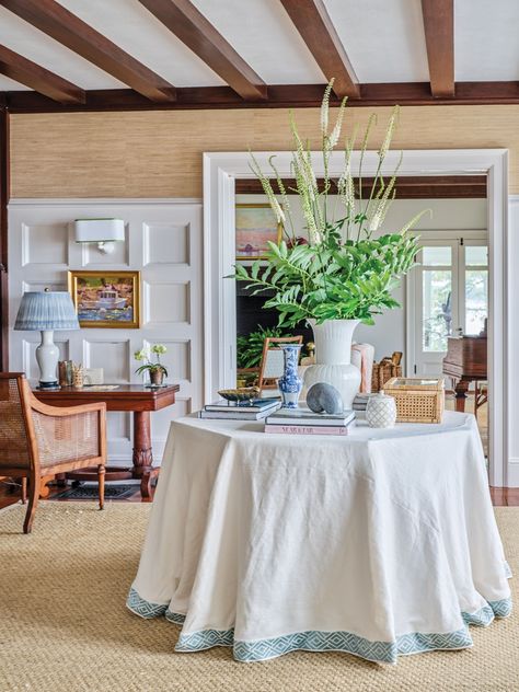 CoastalCharmer_MegBraff_Fentress_11835 Artwork In Kitchen, Dream Foyer, Flower Magazine, Hexagon Table, Entry Area, Table Skirts, Parisian Decor, Octagon Table, Oak Panels