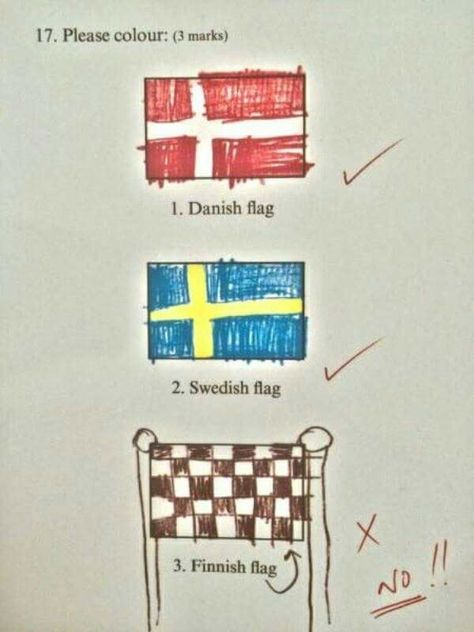 This child, who really should have got an extra point. | 22 Pictures That Perfectly Sum Up Kid Logic Funny Exam Answers, Funniest Kid Test Answers, Kids Test Answers, Finnish Flag, Funny Test Answers, Kid Logic, Funny Test, Exam Answer, 웃긴 사진