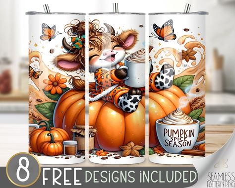 Coffee Beans Design, Highland Cow Pumpkin, Cow Pumpkin, Coffee Cup Clipart, Café Design, Cinnamon Coffee, Pumpkin Spice Season, Fall Coffee, Tumbler Decal