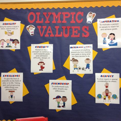 Olympic values for the first quarter Olympics School Theme Bulletin Boards, Olympic Classroom Door, Olympic Theme Bulletin Board Ideas, Olympic Themed Classroom, Olympic Bulletin Boards For School, Olympics School Theme, Olympic School Theme, Olympic Bulletin Board Ideas, Olympic Bulletin Board