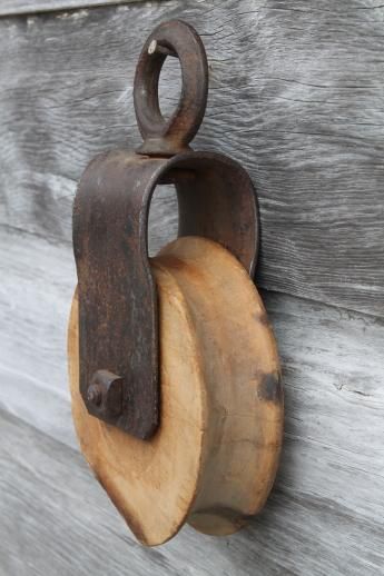 antique barn pulley for block & tackle w/ iron hardware & extra wood pulley wheel Wooden Pulley Ideas Home Decor, Wooden Pulley Ideas, Pulley Ideas, Project Science, Nautical Interior, Block And Tackle, Blacksmith Projects, Diy Blocks, Iron Hardware