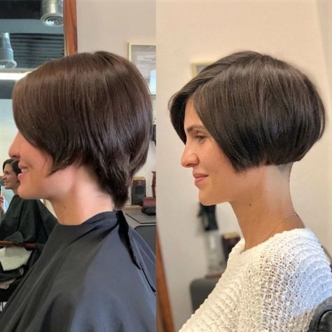 Nape Undercut for Short Bob Short Bob Back View, Shaved Nape Bob, Short Bob With Undercut, Undercut Bob Haircut, Very Short Bob, Sleek Short Hair, Bob Ideas, Black Bob Hairstyles, Undercut Bob